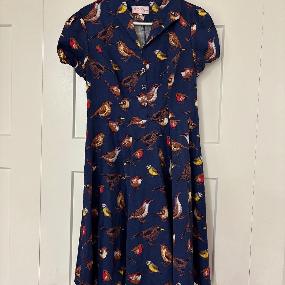 Boden Navy Bird Print Short Sleeve Fit & Flare Dress